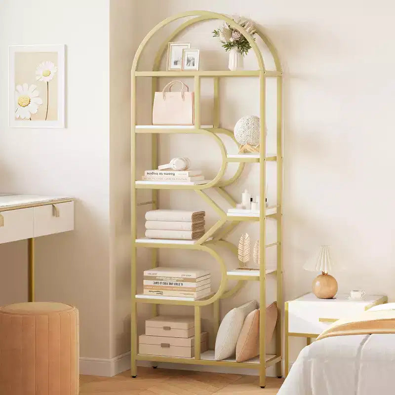 Bookshelf 6 Tier Arched Bookcase 81. Tall Display Racks Geometric Open Storage Shelf Unique Book Rack Metal Frame