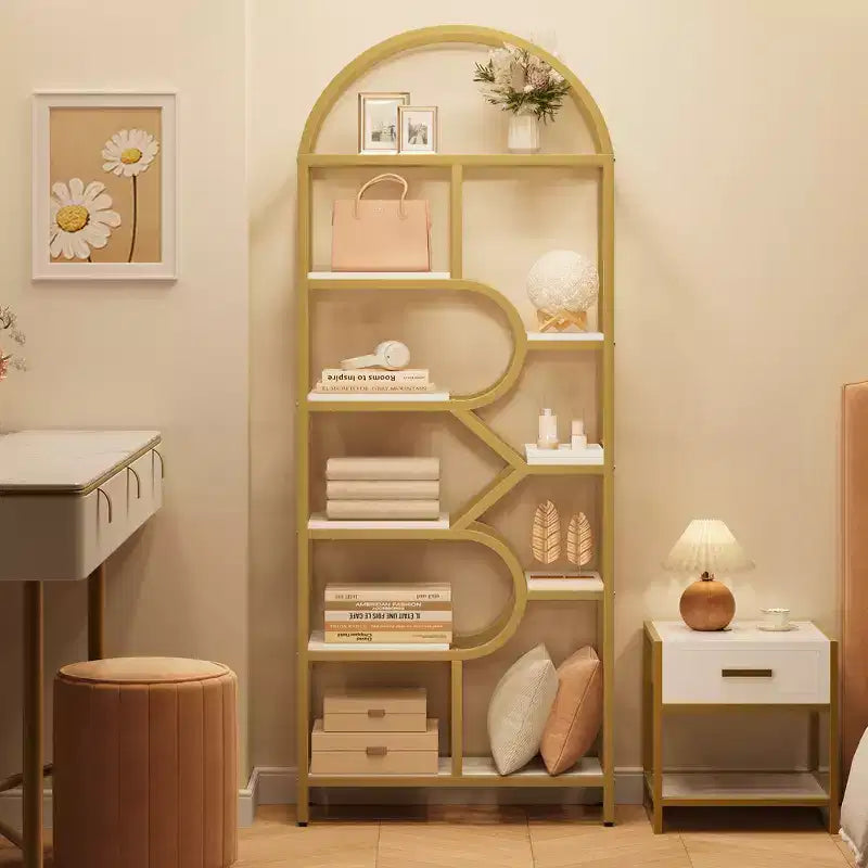 Bookshelf 6 Tier Arched Bookcase 81. Tall Display Racks Geometric Open Storage Shelf Unique Book Rack Metal Frame