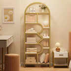 Bookshelf 6 Tier Arched Bookcase 81. Tall Display Racks Geometric Open Storage Shelf Unique Book Rack Metal Frame