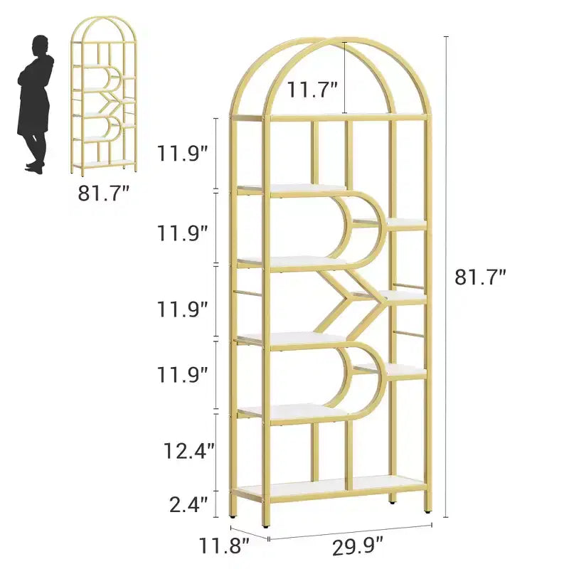 Bookshelf 6 Tier Arched Bookcase 81. Tall Display Racks Geometric Open Storage Shelf Unique Book Rack Metal Frame