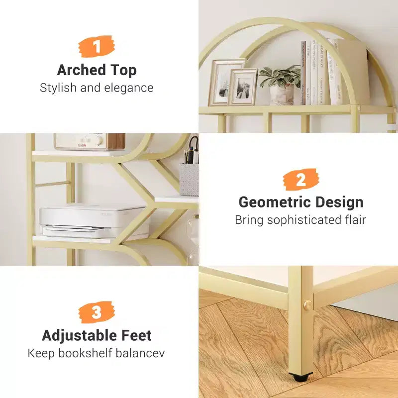 Bookshelf 6 Tier Arched Bookcase 81. Tall Display Racks Geometric Open Storage Shelf Unique Book Rack Metal Frame