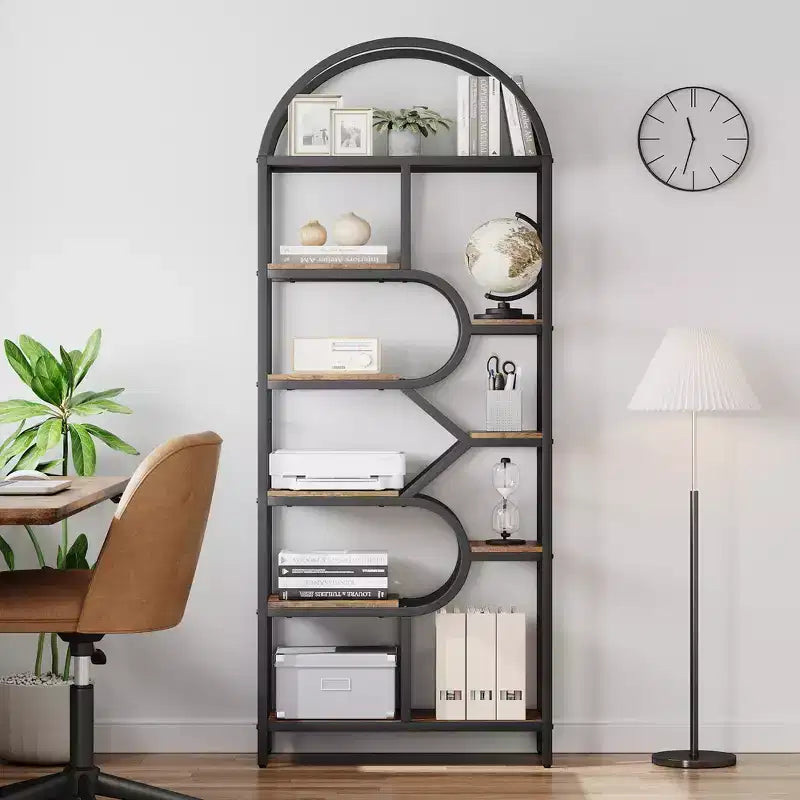 Bookshelf 6 Tier Arched Bookcase 81. Tall Display Racks Geometric Open Storage Shelf Unique Book Rack Metal Frame
