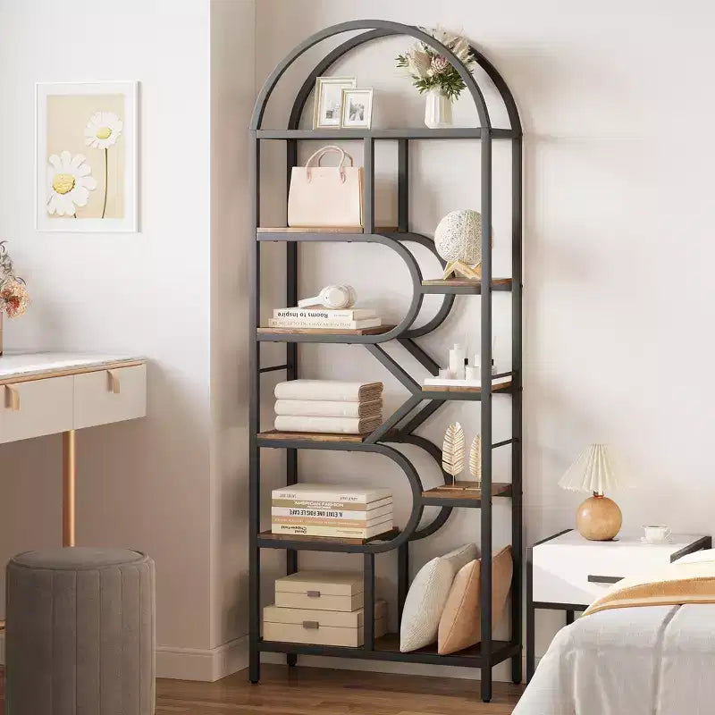Bookshelf 6 Tier Arched Bookcase 81. Tall Display Racks Geometric Open Storage Shelf Unique Book Rack Metal Frame