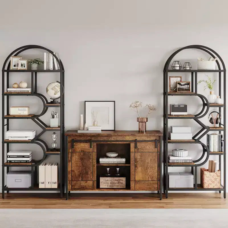 Bookshelf 6 Tier Arched Bookcase 81. Tall Display Racks Geometric Open Storage Shelf Unique Book Rack Metal Frame