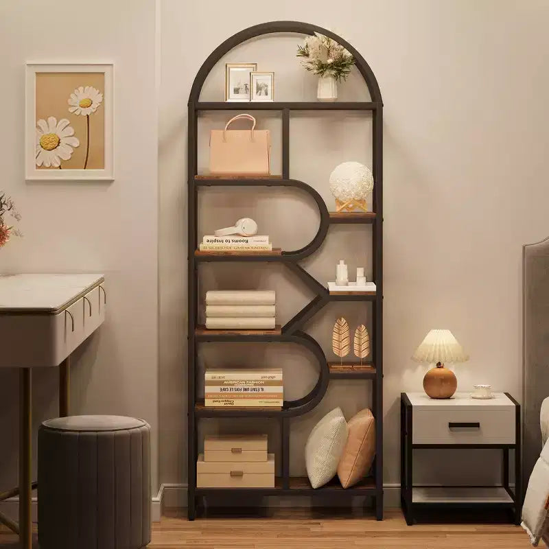 Bookshelf 6 Tier Arched Bookcase 81. Tall Display Racks Geometric Open Storage Shelf Unique Book Rack Metal Frame