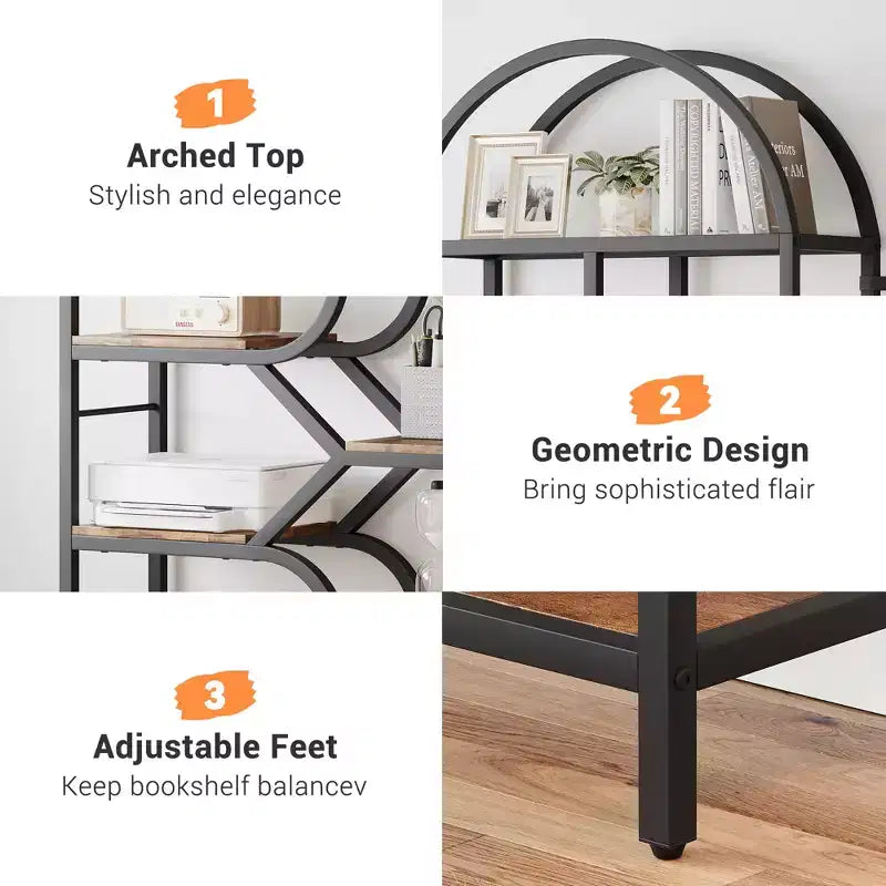 Bookshelf 6 Tier Arched Bookcase 81. Tall Display Racks Geometric Open Storage Shelf Unique Book Rack Metal Frame