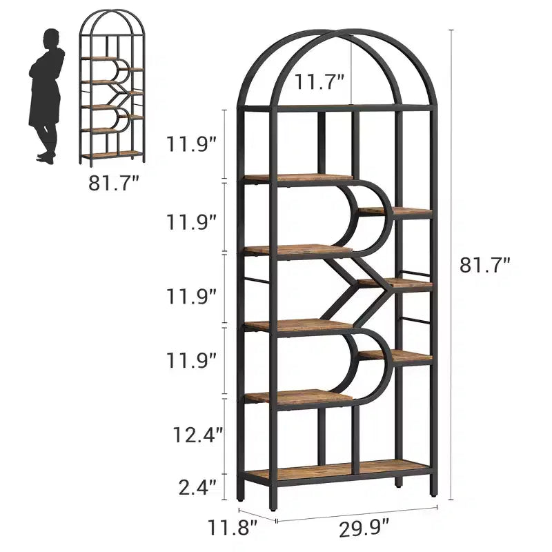Bookshelf 6 Tier Arched Bookcase 81. Tall Display Racks Geometric Open Storage Shelf Unique Book Rack Metal Frame