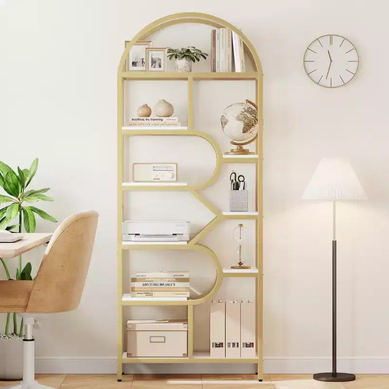 Bookshelf 6 Tier Arched Bookcase 81. Tall Display Racks Geometric Open Storage Shelf Unique Book Rack Metal Frame