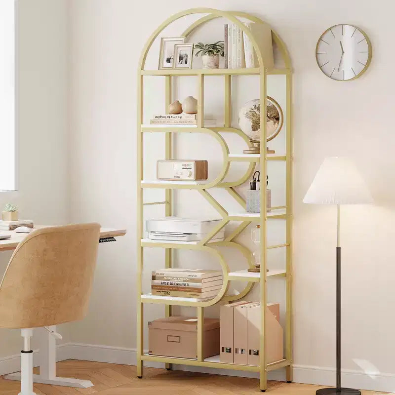 Bookshelf 6 Tier Arched Bookcase 81. Tall Display Racks Geometric Open Storage Shelf Unique Book Rack Metal Frame