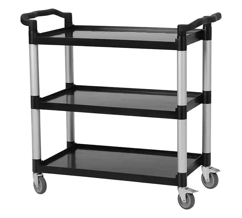 360 Degree Restaurant Cart, Heavy Duty Rolling Food Service Cart, 3 Shelf Plastic Utility Cart with Lockable Wheel