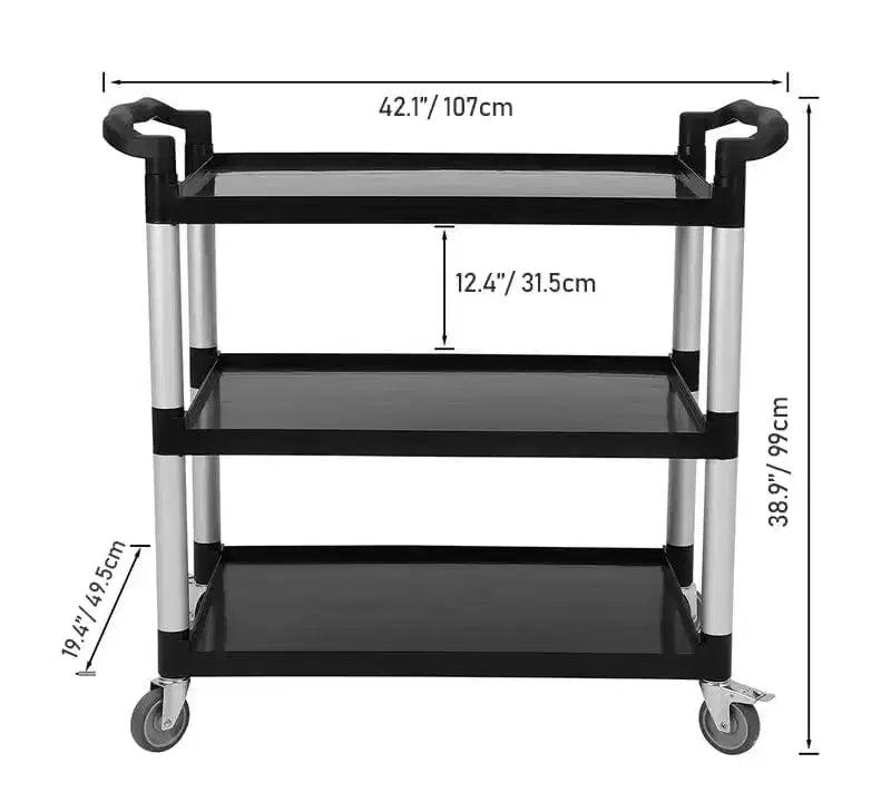 360 Degree Restaurant Cart, Heavy Duty Rolling Food Service Cart, 3 Shelf Plastic Utility Cart with Lockable Wheel