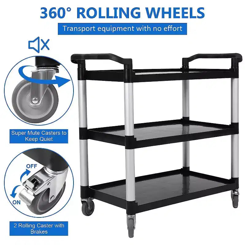 360 Degree Restaurant Cart, Heavy Duty Rolling Food Service Cart, 3 Shelf Plastic Utility Cart with Lockable Wheel