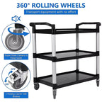 360 Degree Restaurant Cart, Heavy Duty Rolling Food Service Cart, 3 Shelf Plastic Utility Cart with Lockable Wheel