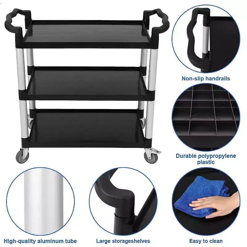 360 Degree Restaurant Cart, Heavy Duty Rolling Food Service Cart, 3 Shelf Plastic Utility Cart with Lockable Wheel