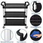 360 Degree Restaurant Cart, Heavy Duty Rolling Food Service Cart, 3 Shelf Plastic Utility Cart with Lockable Wheel