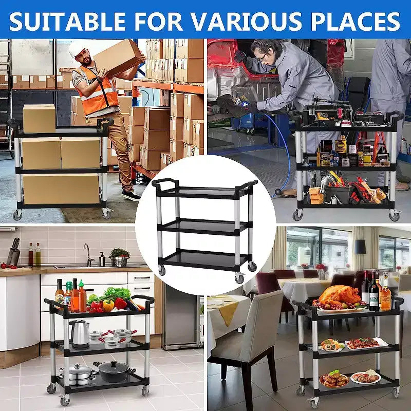 360 Degree Restaurant Cart, Heavy Duty Rolling Food Service Cart, 3 Shelf Plastic Utility Cart with Lockable Wheel