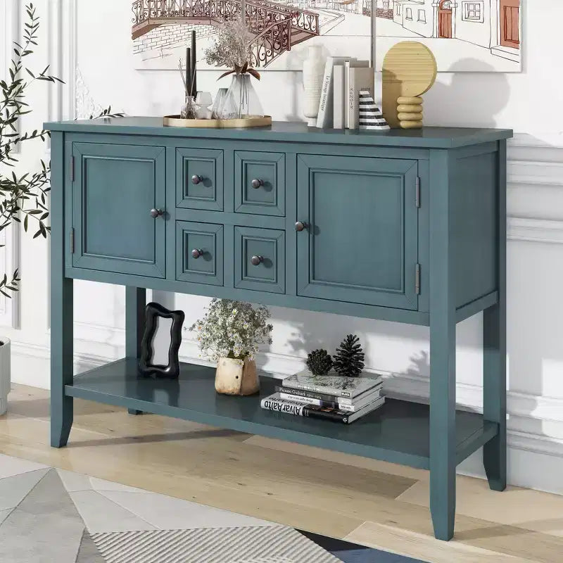 Vintage Console Table with Four Small Drawers and Bottom Shelf for Living Rooms, Entrances and Kitchens