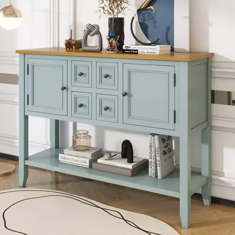 Vintage Console Table with Four Small Drawers and Bottom Shelf for Living Rooms, Entrances and Kitchens