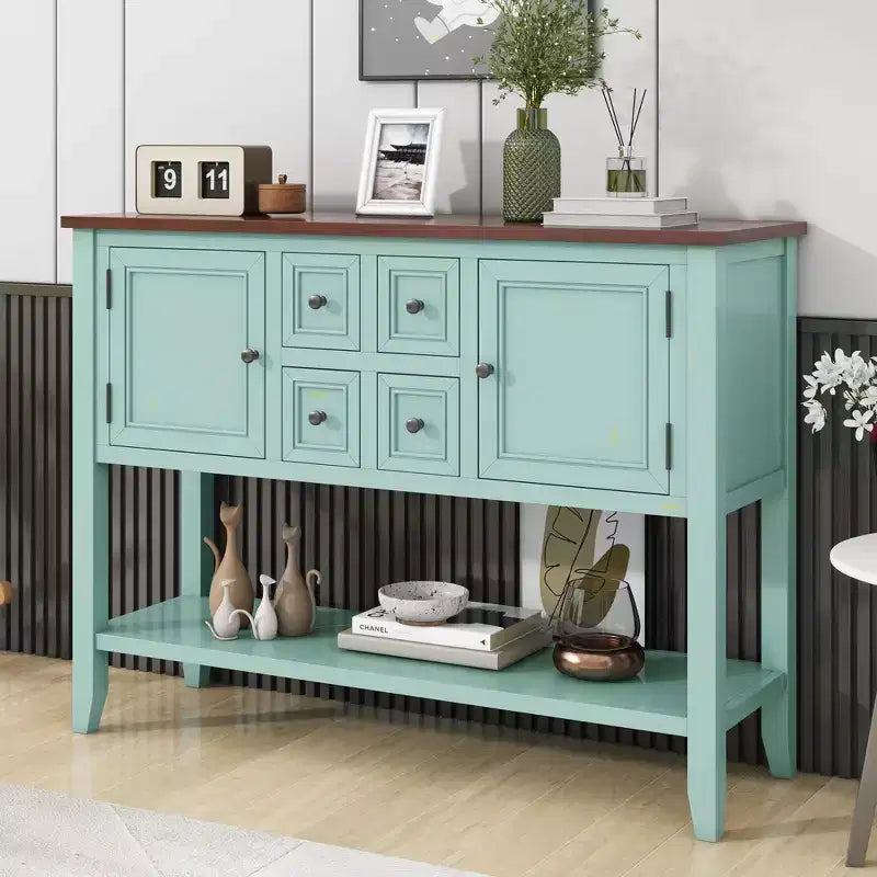 Vintage Console Table with Four Small Drawers and Bottom Shelf for Living Rooms, Entrances and Kitchens
