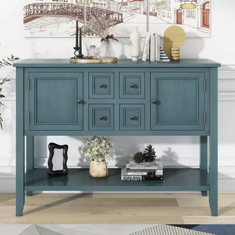 Vintage Console Table with Four Small Drawers and Bottom Shelf for Living Rooms, Entrances and Kitchens