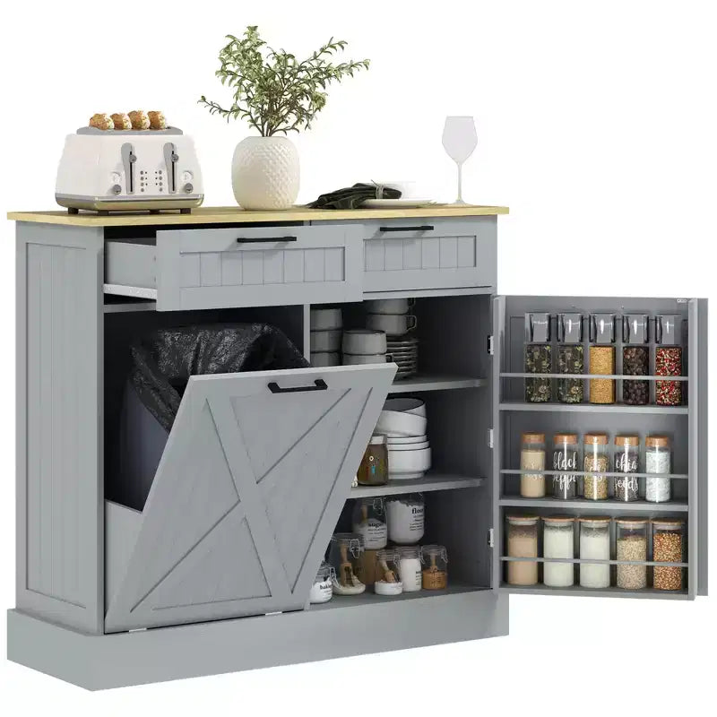 Tilt Out Trash Can Cabinet with Drawers, Farmhouse Kitchen Cabinet with Hidden Trash Can for Kitchen