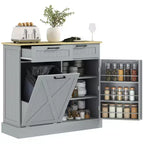 Tilt Out Trash Can Cabinet with Drawers, Farmhouse Kitchen Cabinet with Hidden Trash Can for Kitchen