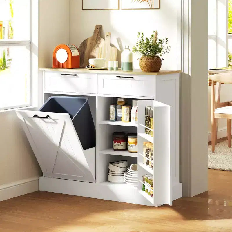 Tilt Out Trash Can Cabinet with Drawers, Farmhouse Kitchen Cabinet with Hidden Trash Can for Kitchen