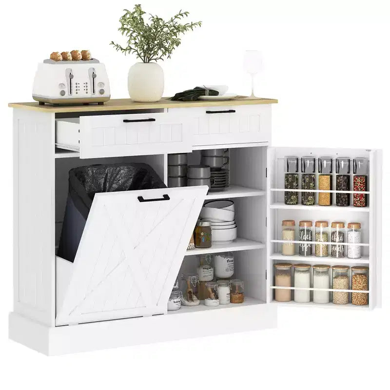 Tilt Out Trash Can Cabinet with Drawers, Farmhouse Kitchen Cabinet with Hidden Trash Can for Kitchen