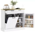 Tilt Out Trash Can Cabinet with Drawers, Farmhouse Kitchen Cabinet with Hidden Trash Can for Kitchen