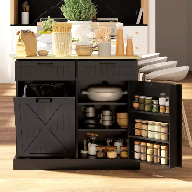 Tilt Out Trash Can Cabinet with Drawers, Farmhouse Kitchen Cabinet with Hidden Trash Can for Kitchen
