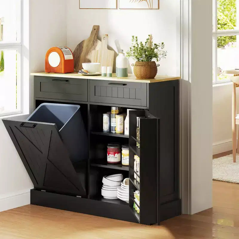 Tilt Out Trash Can Cabinet with Drawers, Farmhouse Kitchen Cabinet with Hidden Trash Can for Kitchen