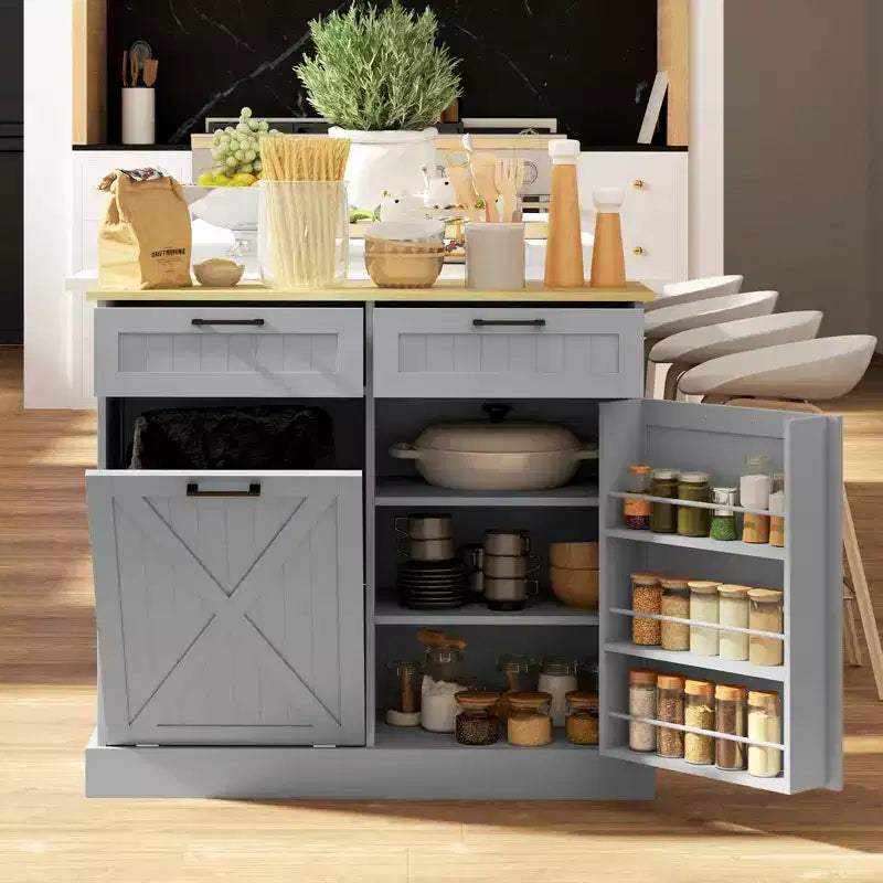 Tilt Out Trash Can Cabinet with Drawers, Farmhouse Kitchen Cabinet with Hidden Trash Can for Kitchen