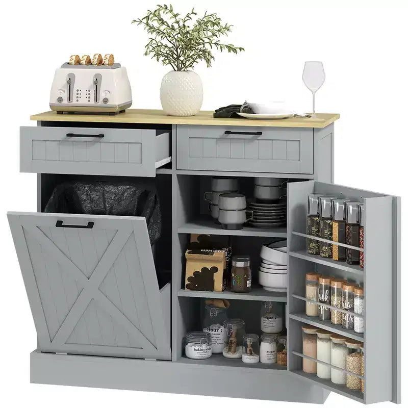 Tilt Out Trash Can Cabinet with Drawers, Farmhouse Kitchen Cabinet with Hidden Trash Can for Kitchen