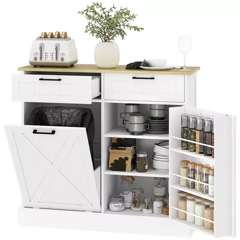 Tilt Out Trash Can Cabinet with Drawers, Farmhouse Kitchen Cabinet with Hidden Trash Can for Kitchen