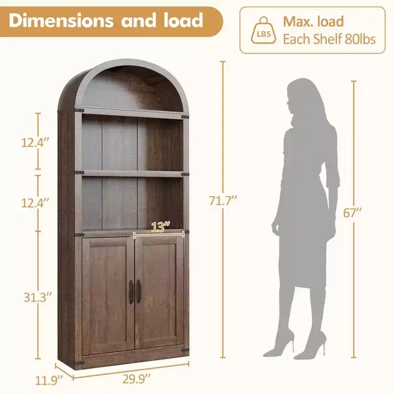 3 Shelf Arched Bookcase, Farmhouse Wooden Bookshelf, Tall 71.65 Inch Display Storage Rack for Home Office, Living Room, Bedroom, and More