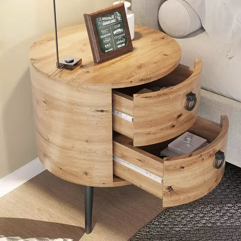 Round End Table with 2 Drawers, 18.5 Modern Nightstand Side Table with Metal Legs