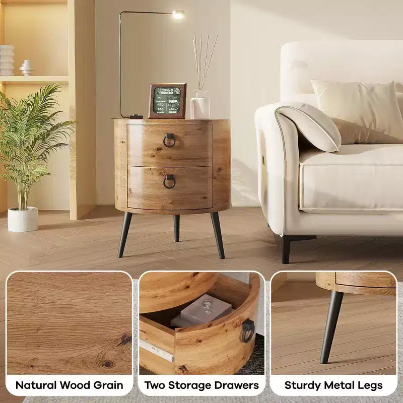 Round End Table with 2 Drawers, 18.5 Modern Nightstand Side Table with Metal Legs