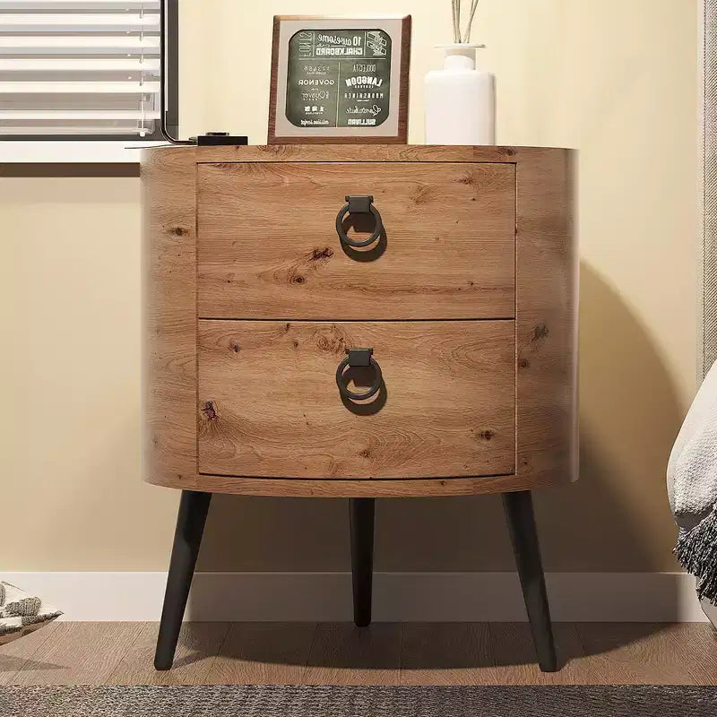 Round End Table with 2 Drawers, 18.5 Modern Nightstand Side Table with Metal Legs