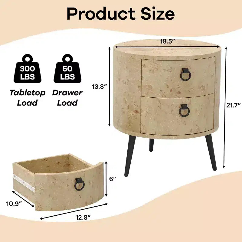 Round End Table with 2 Drawers, 18.5 Modern Nightstand Side Table with Metal Legs