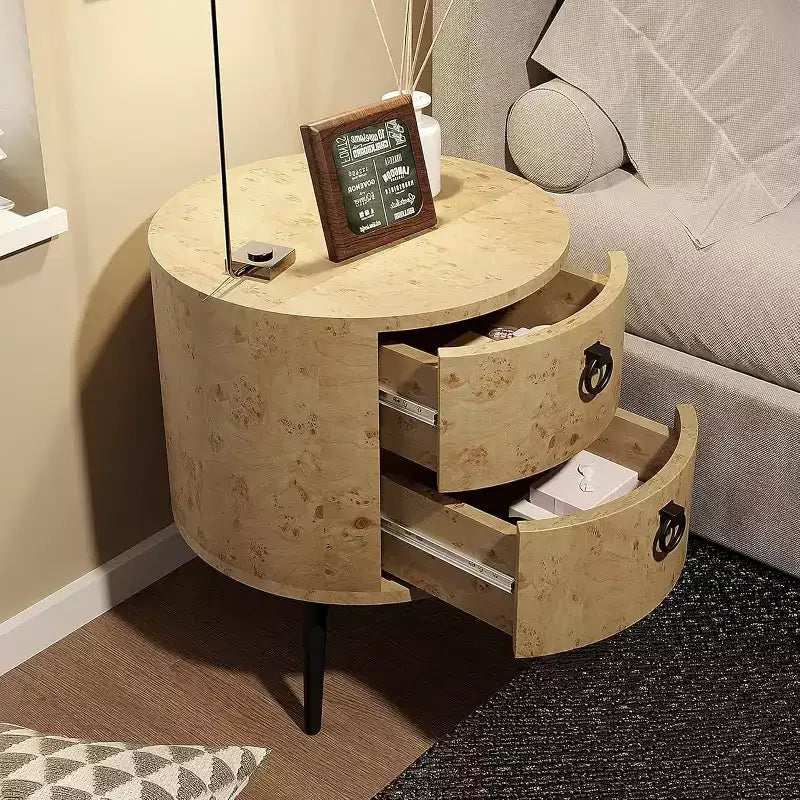 Round End Table with 2 Drawers, 18.5 Modern Nightstand Side Table with Metal Legs