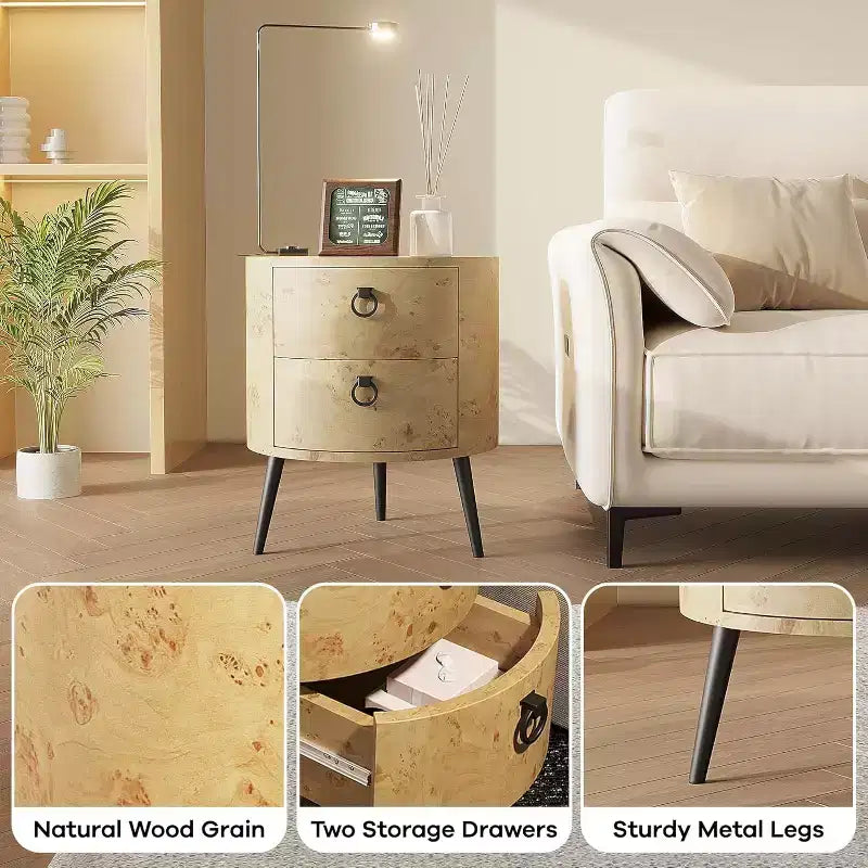 Round End Table with 2 Drawers, 18.5 Modern Nightstand Side Table with Metal Legs