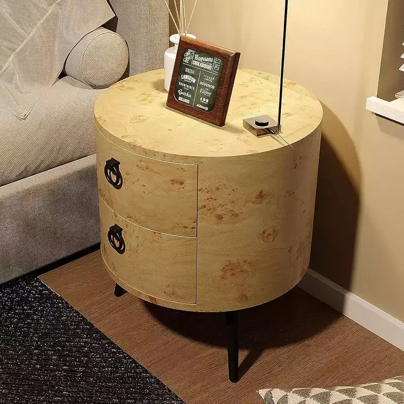 Round End Table with 2 Drawers, 18.5 Modern Nightstand Side Table with Metal Legs