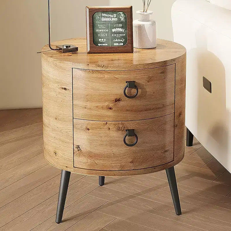 Round End Table with 2 Drawers, 18.5 Modern Nightstand Side Table with Metal Legs