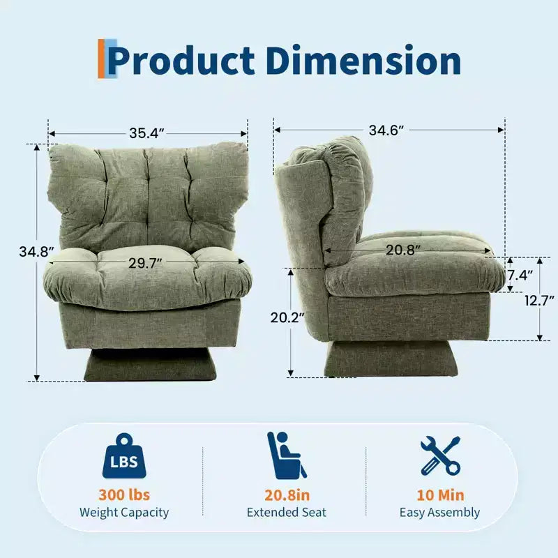 Chenille Swivel Accent Chair, Modern Sofa Chair with Oversize Base,20. Extended Seat, Max Load Accent Chair for Living Room