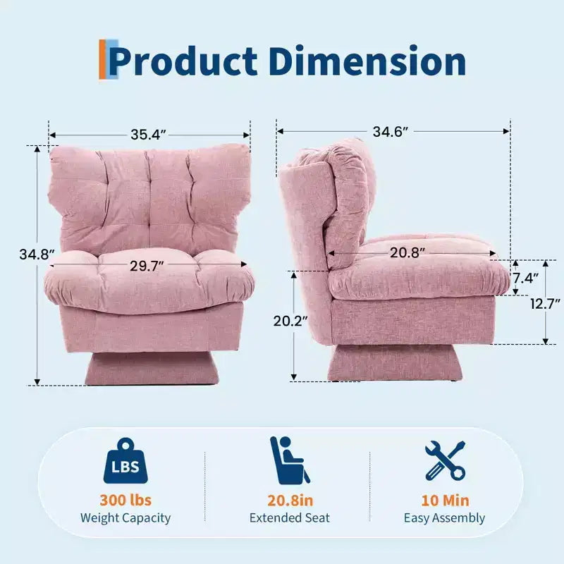Chenille Swivel Accent Chair, Modern Sofa Chair with Oversize Base,20. Extended Seat, Max Load Accent Chair for Living Room