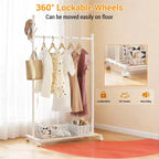 Carbon Steel Rolling Clothing Rack with Wheels, Wide Freestanding Wardrobe for Bedroom, Black or White Finish