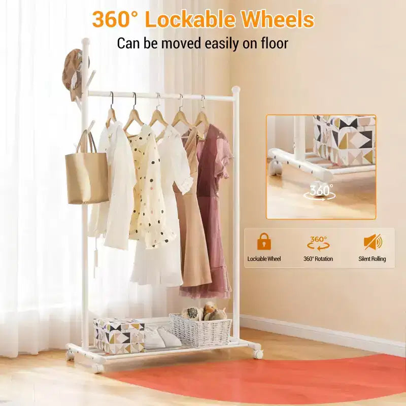 Carbon Steel Rolling Clothing Rack with Wheels, Wide Freestanding Wardrobe for Bedroom, Black or White Finish