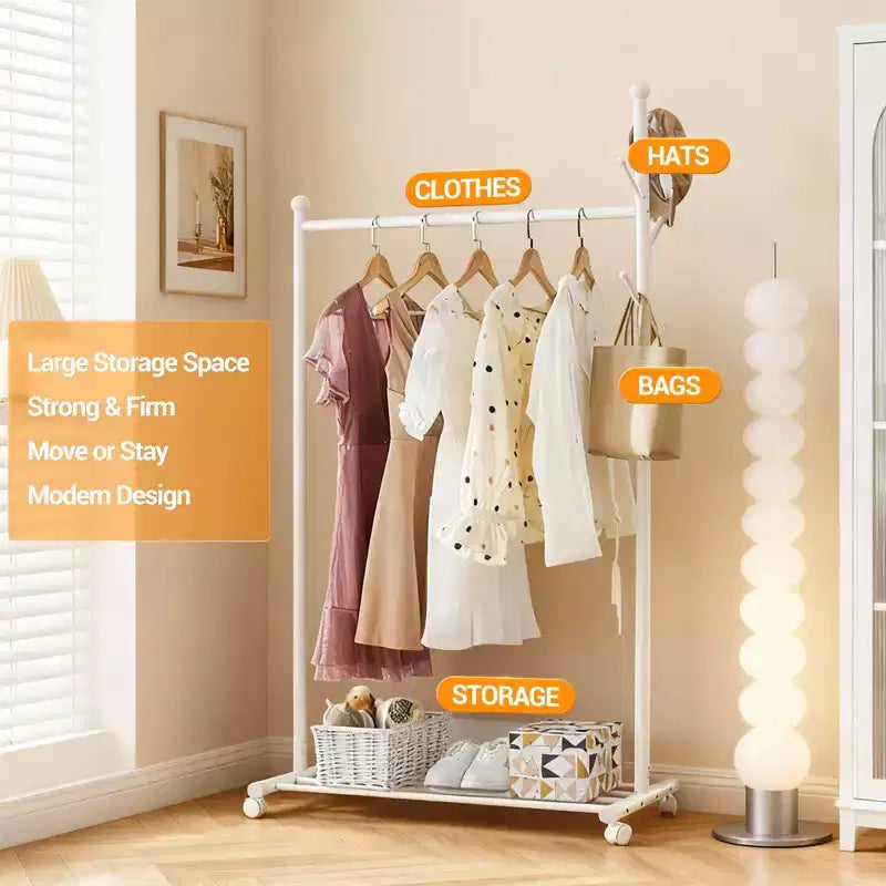 Carbon Steel Rolling Clothing Rack with Wheels, Wide Freestanding Wardrobe for Bedroom, Black or White Finish