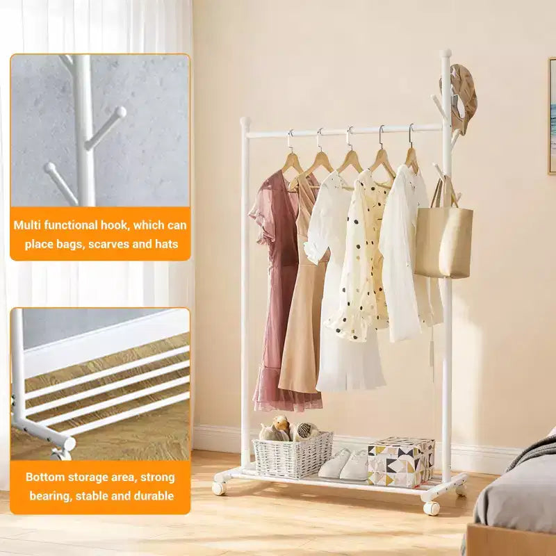 Carbon Steel Rolling Clothing Rack with Wheels, Wide Freestanding Wardrobe for Bedroom, Black or White Finish