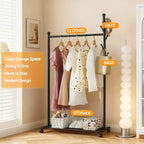 Carbon Steel Rolling Clothing Rack with Wheels, Wide Freestanding Wardrobe for Bedroom, Black or White Finish